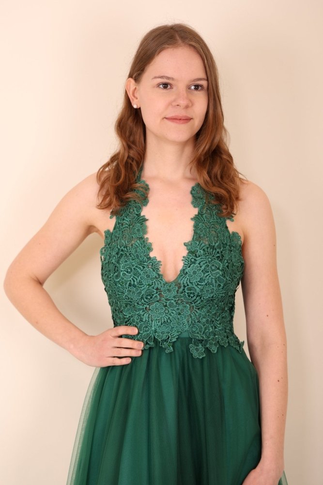 Tüllkleid mit Spitzenoberteil und Neckholder, dunkelgrün - Dein Kleiderladen