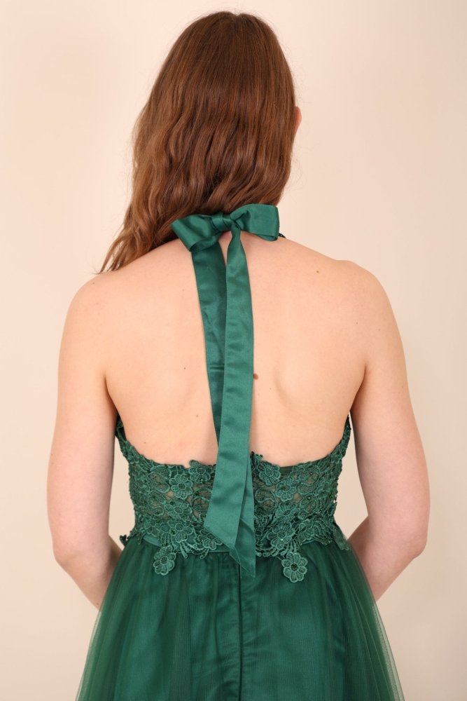 Tüllkleid mit Spitzenoberteil und Neckholder, dunkelgrün - Dein Kleiderladen