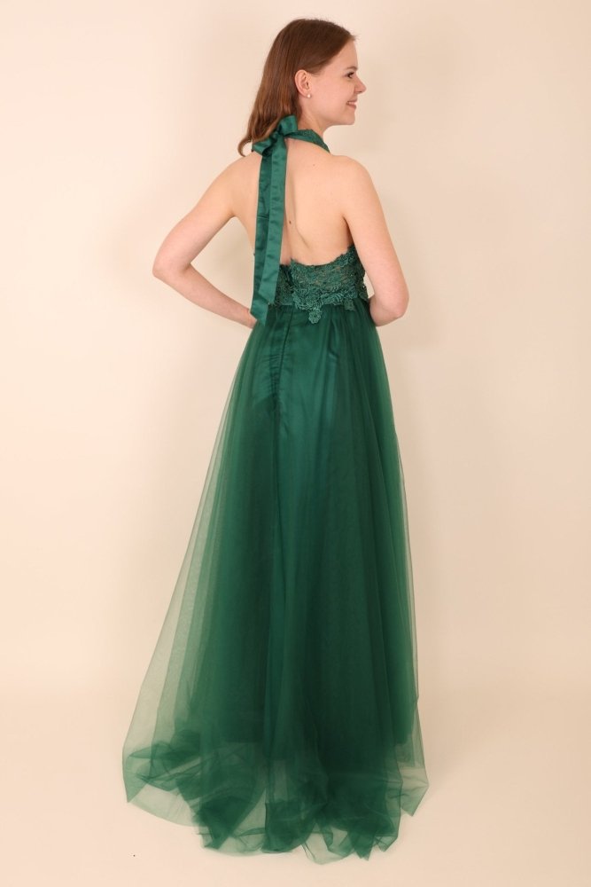 Tüllkleid mit Spitzenoberteil und Neckholder, dunkelgrün - Dein Kleiderladen