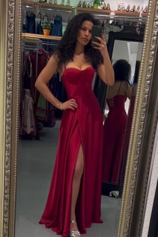 Ballkleid aus Satin mit Corsage & Schnürung, bordeaux - Dein Kleiderladen