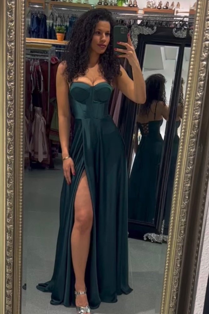 Ballkleid aus Satin mit Corsage & Schnürung, dunkelgrün - Dein Kleiderladen