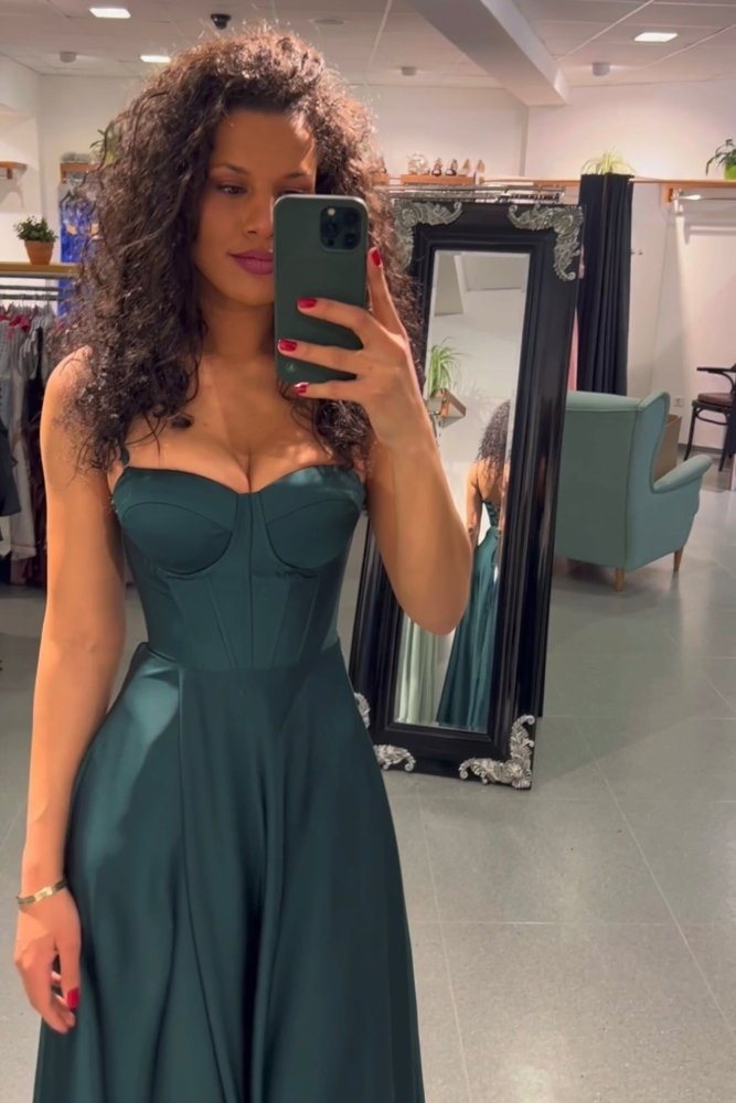 Ballkleid aus Satin mit Corsage & Schnürung, dunkelgrün - Dein Kleiderladen