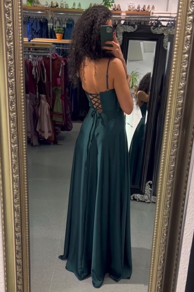 Ballkleid aus Satin mit Corsage & Schnürung, dunkelgrün - Dein Kleiderladen