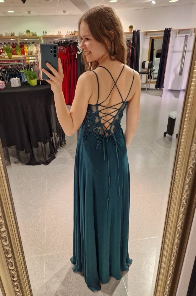 Abendkleid mit feiner Spitze, dunkelgrün - Dein Kleiderladen