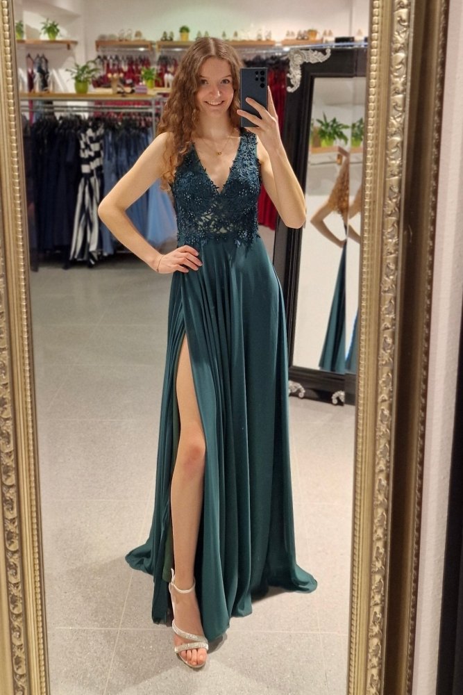Abendkleid mit Schlitz, grün - Dein Kleiderladen