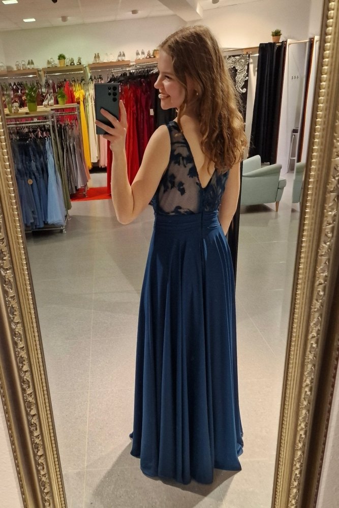 Abendkleid mit semi - transparenten Trägern, petrol - Dein Kleiderladen