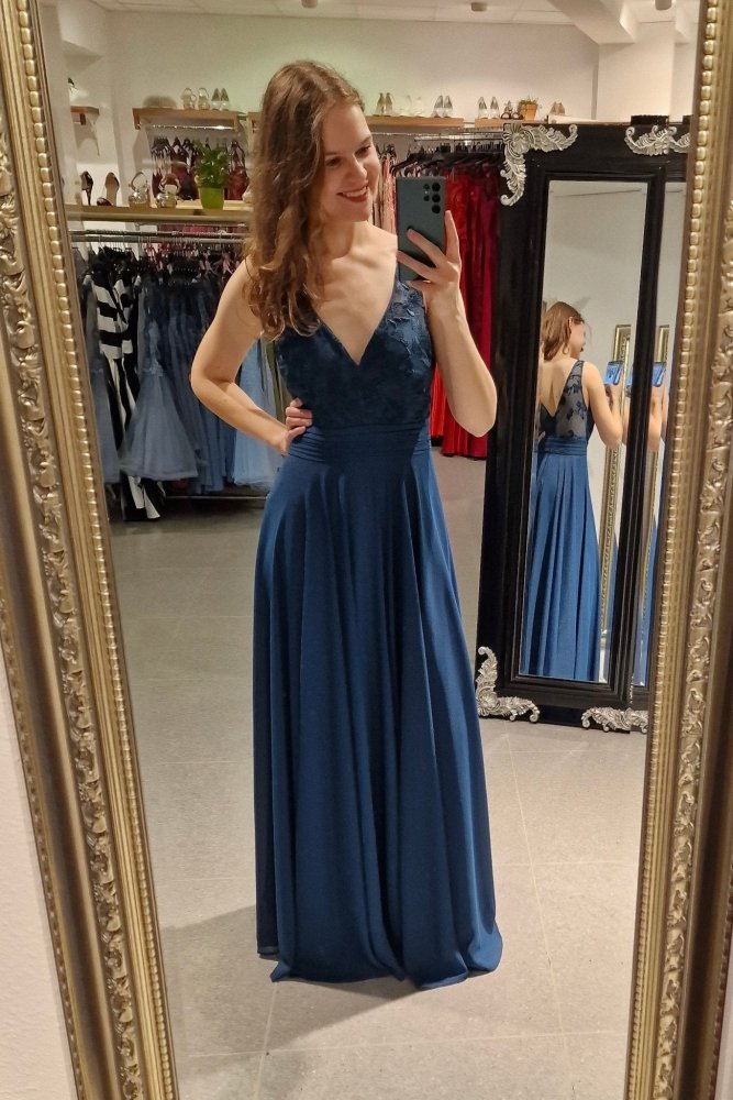 Abendkleid mit semi - transparenten Trägern, petrol - Dein Kleiderladen