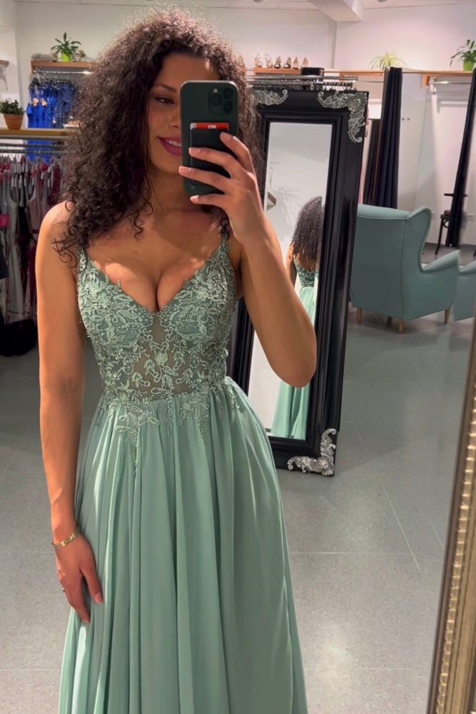 Ballkleid - Elegantes, langes Chiffonkleid mit feiner Spitze, hellgrün - Dein Kleiderladen