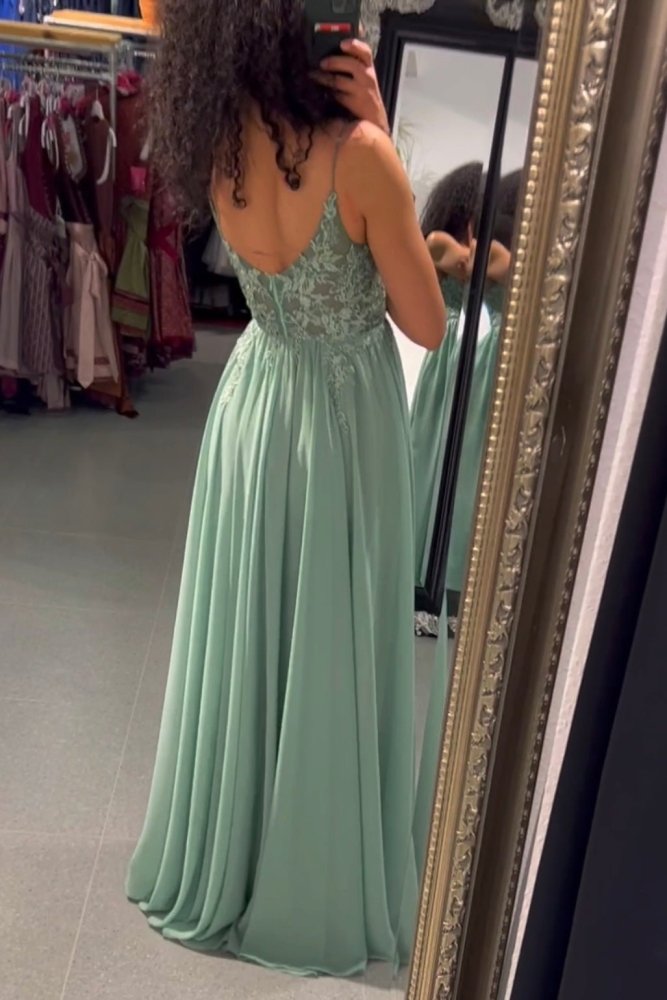Ballkleid - Elegantes, langes Chiffonkleid mit feiner Spitze, hellgrün - Dein Kleiderladen