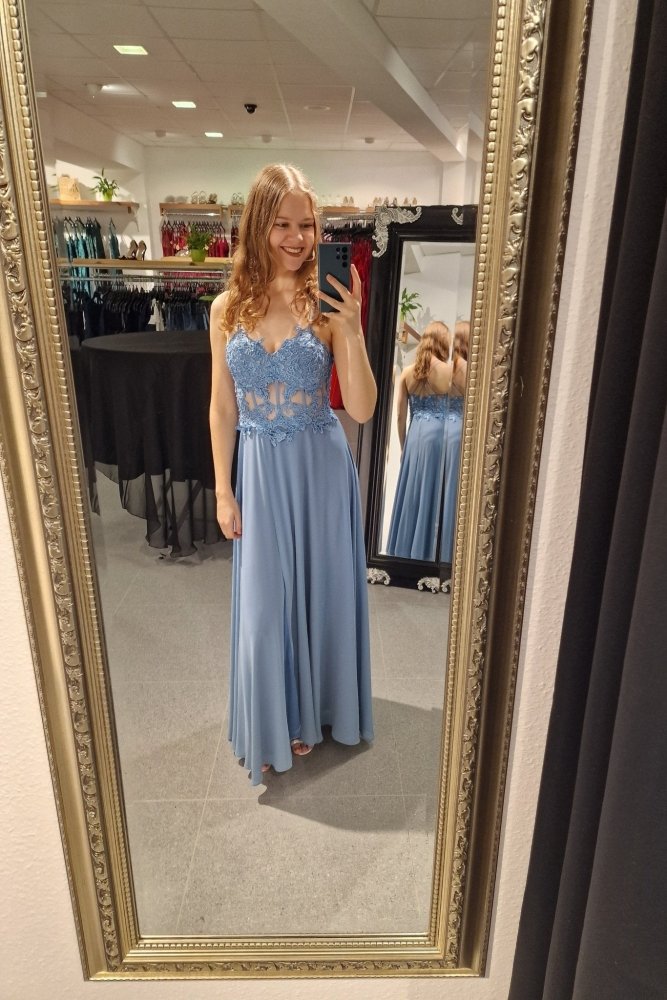 Ballkleid mit besticktem Korsett und Schlitz, graublau - Dein Kleiderladen