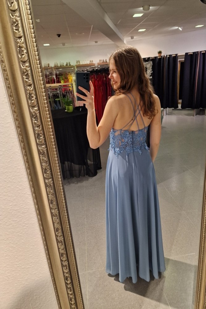 Ballkleid mit besticktem Korsett und Schlitz, graublau - Dein Kleiderladen