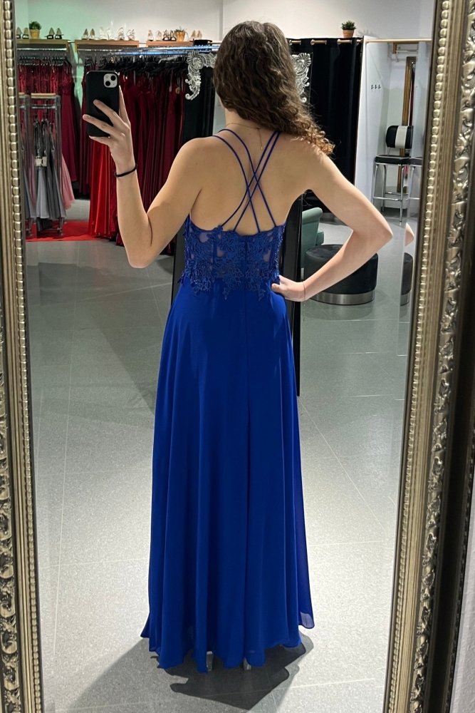 Ballkleid mit besticktem Korsett und Schlitz, königsblau - Dein Kleiderladen