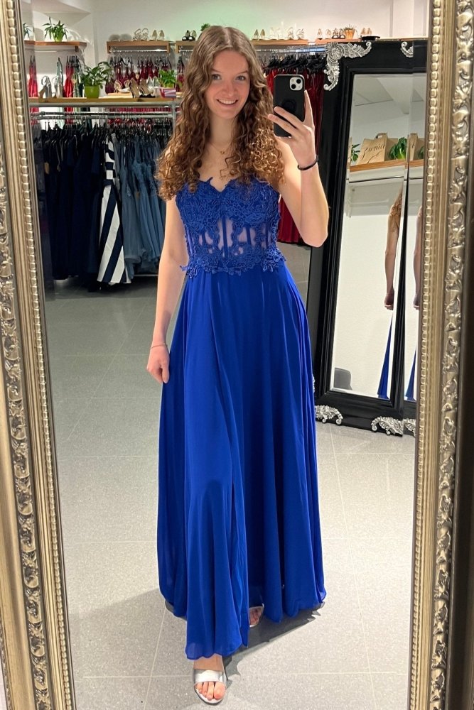 Ballkleid mit besticktem Korsett und Schlitz, königsblau - Dein Kleiderladen