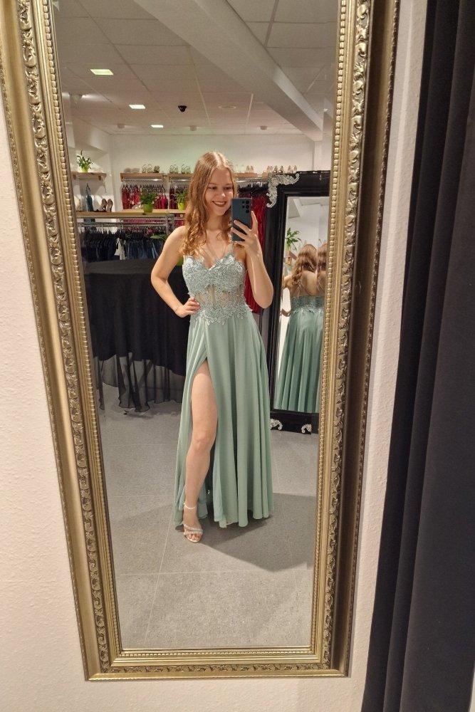 Ballkleid mit besticktem Korsett und Schlitz, mint - Dein Kleiderladen