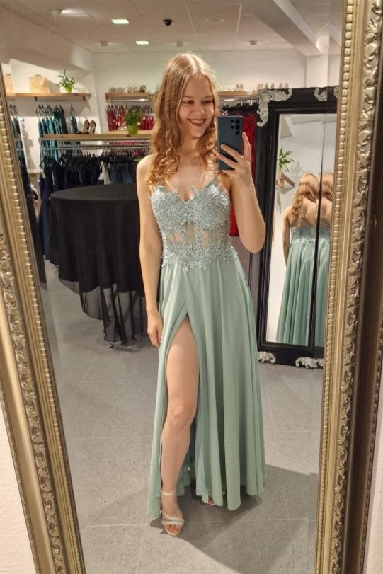 Ballkleid mit besticktem Korsett und Schlitz, mint - Dein Kleiderladen