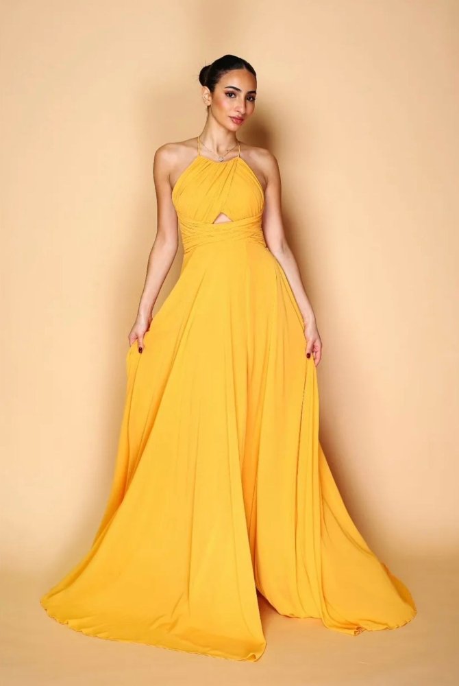 Ballkleid mit Schnürung und Schlitz, gelb - Dein Kleiderladen