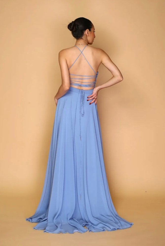 Ballkleid mit Schnürung und Schlitz, graublau - Dein Kleiderladen