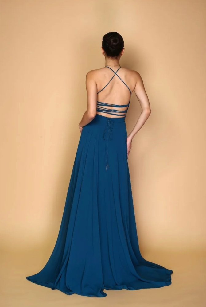 Ballkleid mit Schnürung und Schlitz, petrol - Dein Kleiderladen
