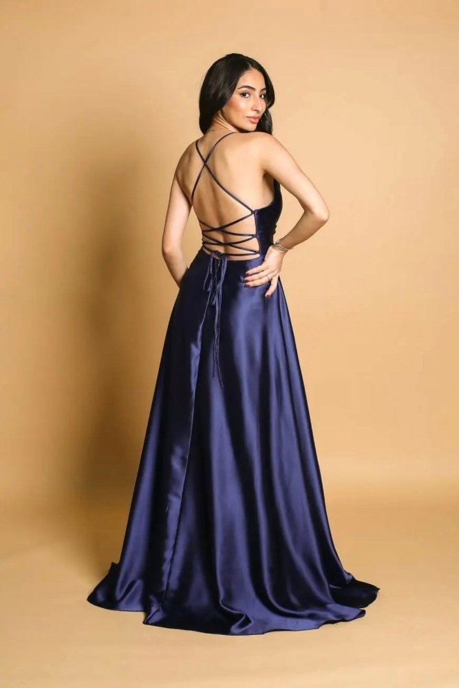 Ballkleid - Satin mit Schnürung, Schlitz und Wasserfallausschnitt, marineblau - Dein Kleiderladen