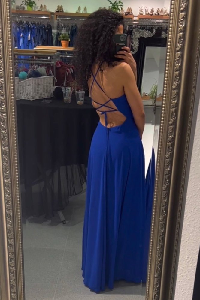 Ballkleid - schlichtes Kleid mit Schlitz und Schnürung, königsblau - Dein Kleiderladen