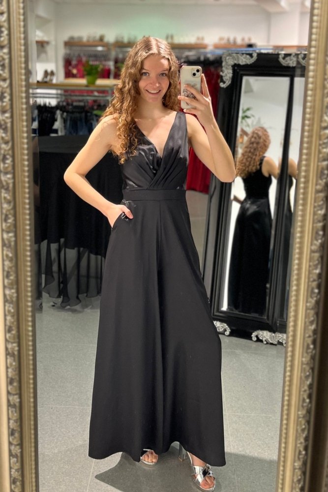 Besonderer, eleganter Satin - Jumpsuit, schwarz - Dein Kleiderladen