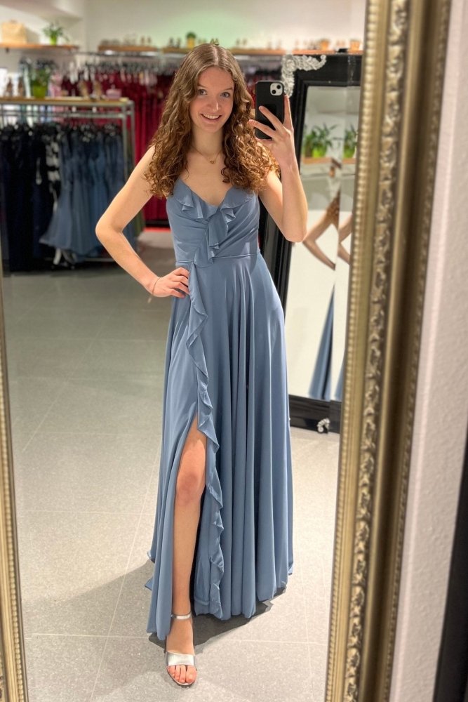 Festliches Volantkleid mit Schnürung und Schlitz, graublau - Dein Kleiderladen