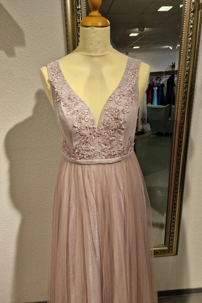 Funkelndes langes Tüllkleid floralen Bestickungen, altrosa - Dein Kleiderladen