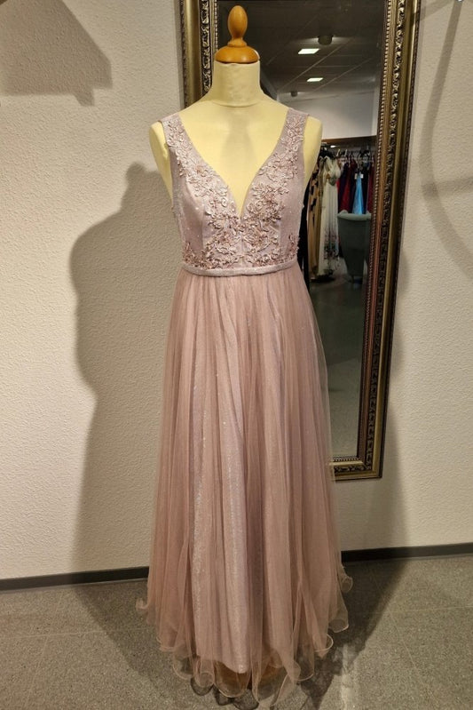 Funkelndes langes Tüllkleid floralen Bestickungen, altrosa - Dein Kleiderladen