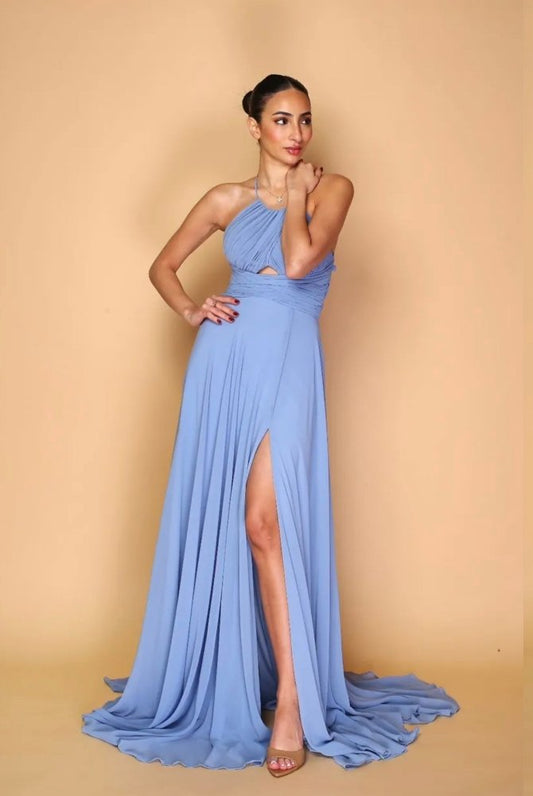 hochgeschlossenes Ballkleid mit Schnürung und Schlitz, graublau - Dein Kleiderladen