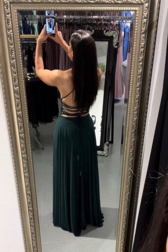 hochgeschlossenes Ballkleid mit Schnürung und Schlitz, waldgrün - Dein Kleiderladen - Dein Kleiderladen