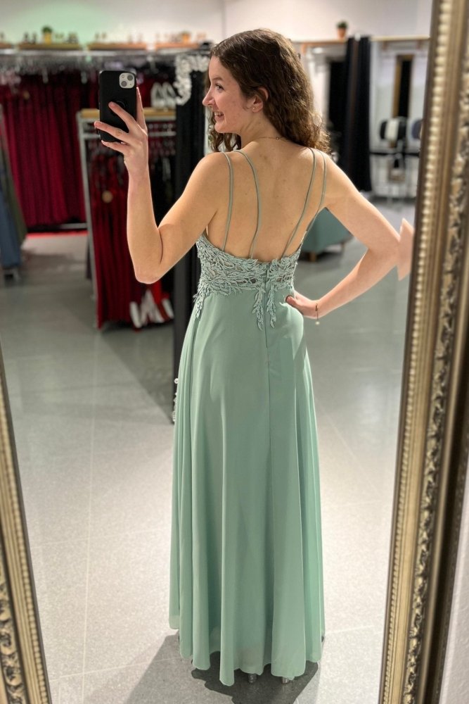Langes Ballkleid mit Spitze und Spaghettiträgern, mint - Dein Kleiderladen
