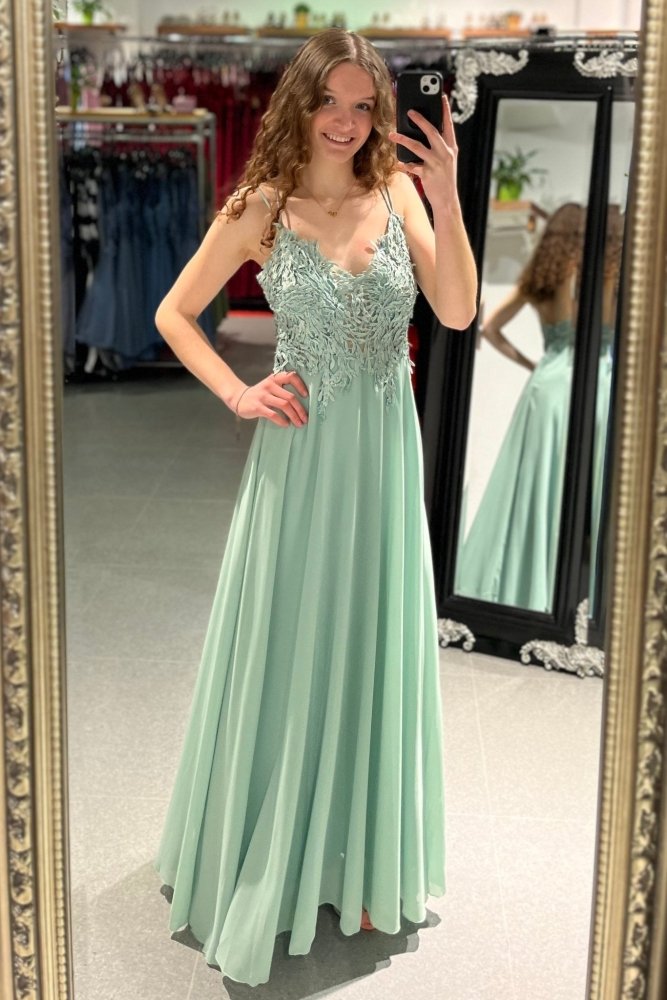 Langes Ballkleid mit Spitze und Spaghettiträgern, mint - Dein Kleiderladen