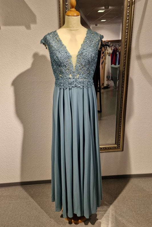 Ballkleid mit breiten Trägern und funkelnder Spitze, hellblau - Dein Kleiderladen