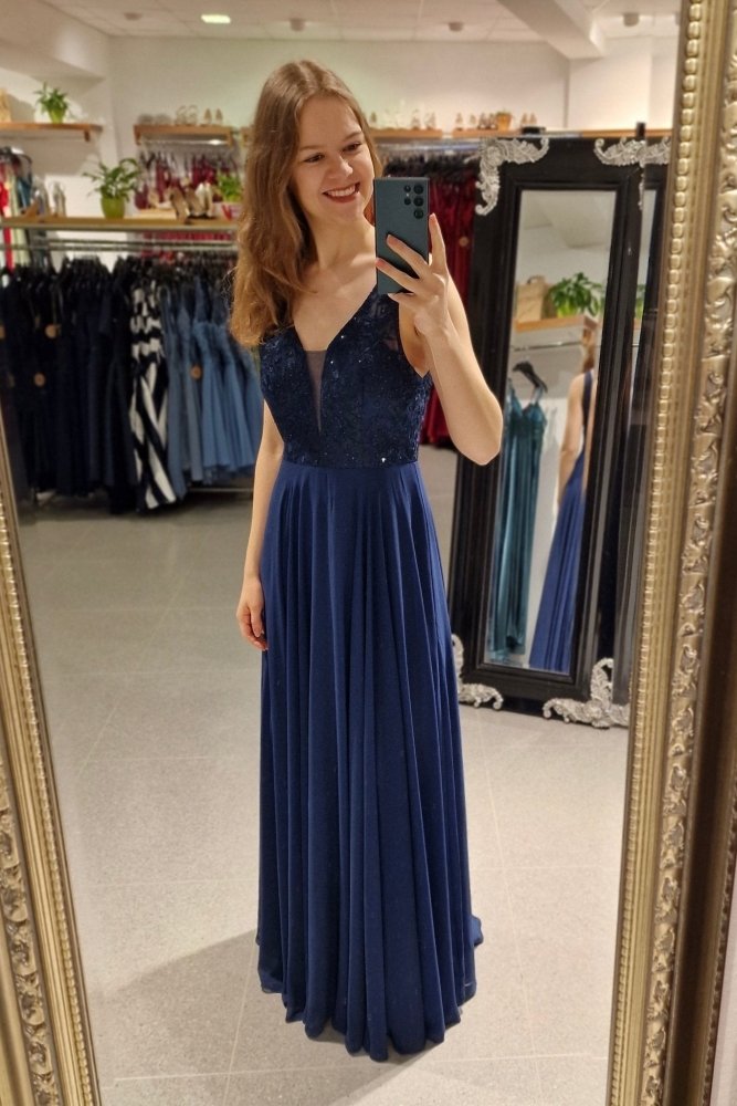 Langes Kleid mit floraler Spitze, dunkelblau - Dein Kleiderladen