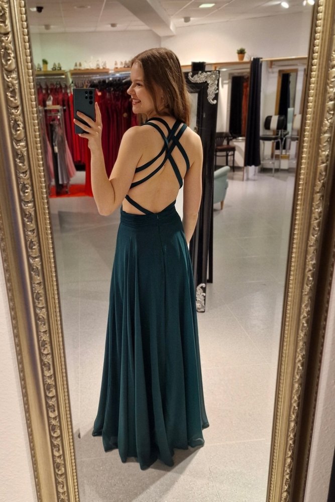 Langes Kleid mit raffinierten Cut - Outs und tiefem Rückenausschnitt, dunkelgrün - Dein Kleiderladen