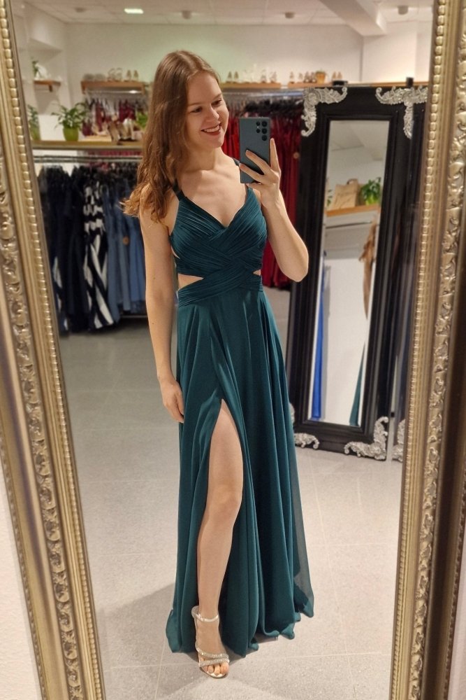 Langes Kleid mit raffinierten Cut - Outs und tiefem Rückenausschnitt, dunkelgrün - Dein Kleiderladen