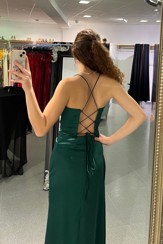 Langes Satinkleid mit Korsett und Schnürung, dunkelgrün - Dein Kleiderladen