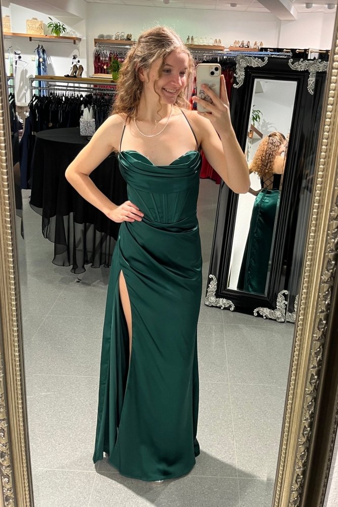 Langes Satinkleid mit Korsett und Schnürung, dunkelgrün - Dein Kleiderladen