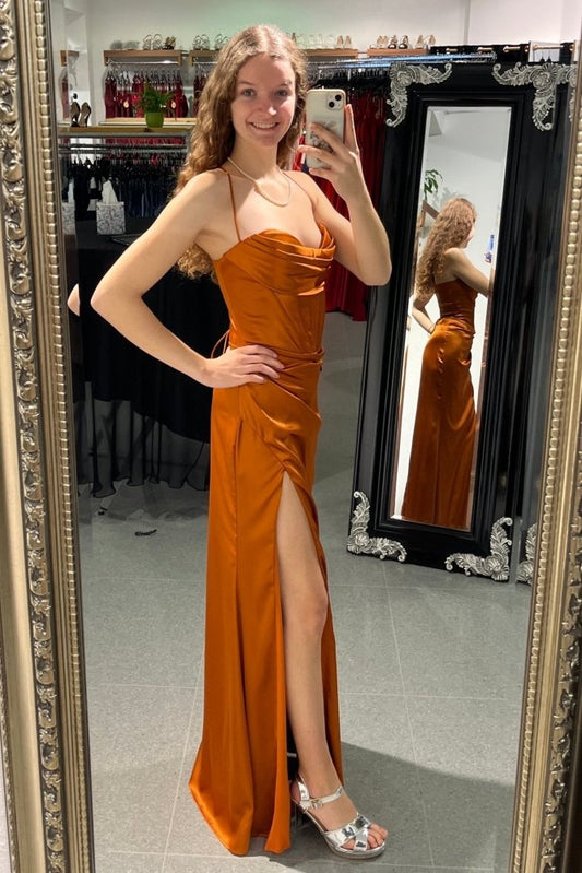 Langes Satinkleid mit Korsett und Schnürung, terracotta - Dein Kleiderladen