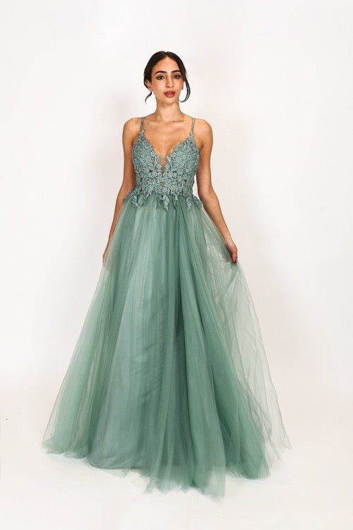 Langes Tüllkleid mit funkelnder Spitze und Schlitz, mint - Dein Kleiderladen