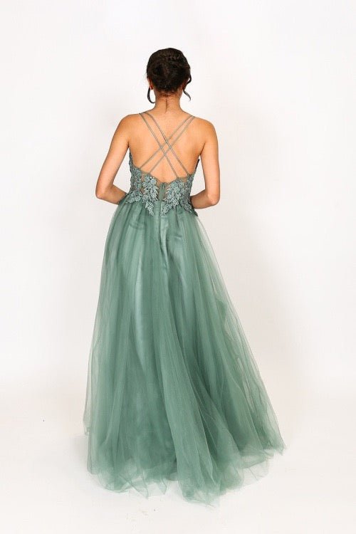 Langes Tüllkleid mit funkelnder Spitze und Schlitz, mint - Dein Kleiderladen