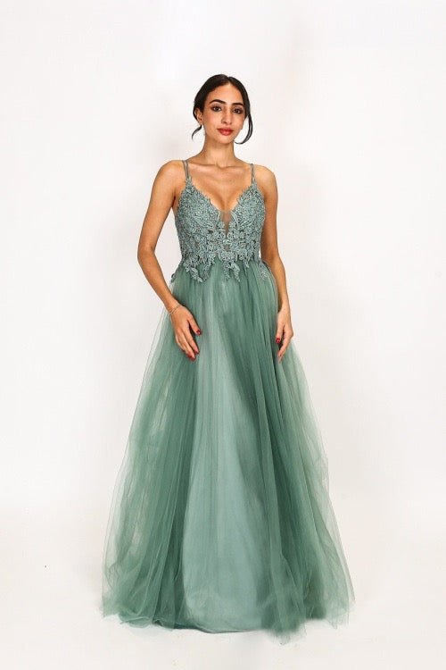 Langes Tüllkleid mit funkelnder Spitze und Schlitz, mint - Dein Kleiderladen