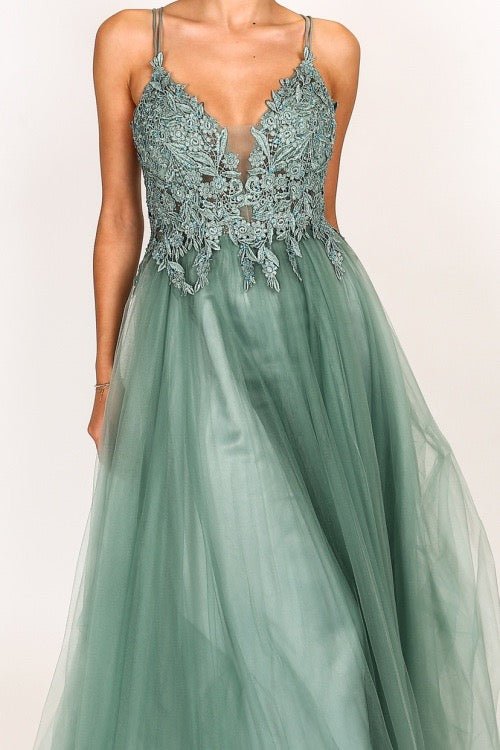 Langes Tüllkleid mit funkelnder Spitze und Schlitz, mint - Dein Kleiderladen