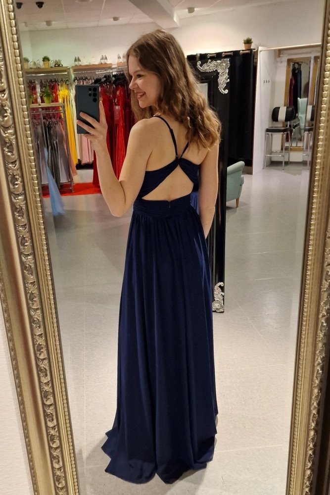Schlichtes Abendkleid mit Raffungen und V - Ausschnitt, dunkelblau - Dein Kleiderladen