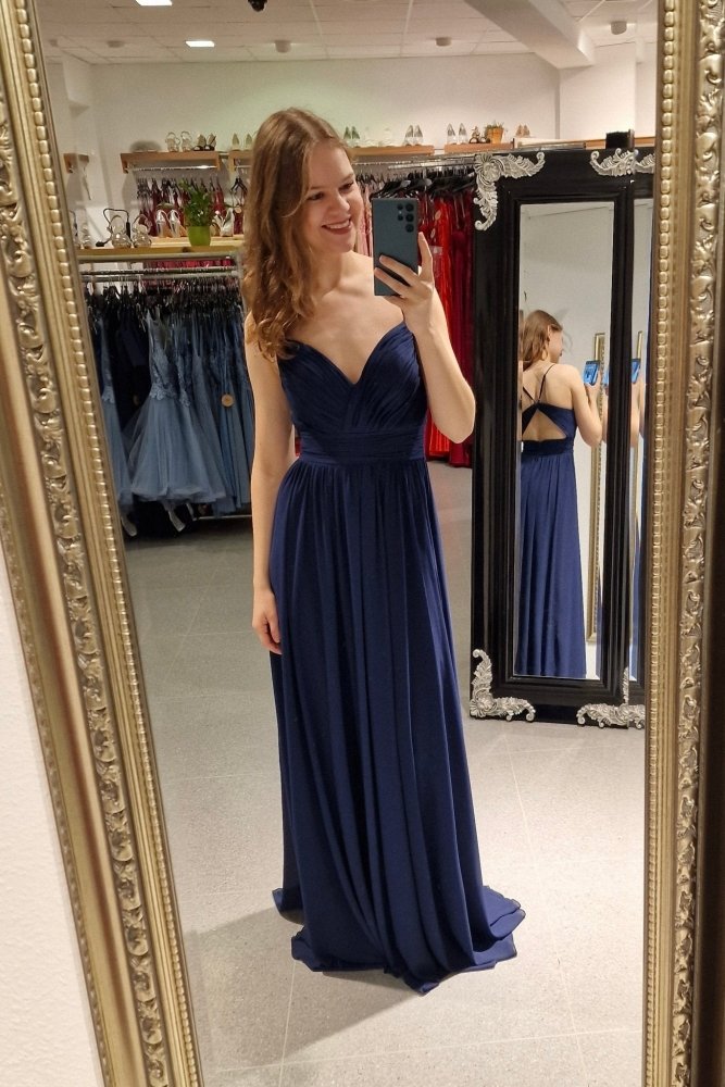 Schlichtes Abendkleid mit Raffungen und V - Ausschnitt, dunkelblau - Dein Kleiderladen