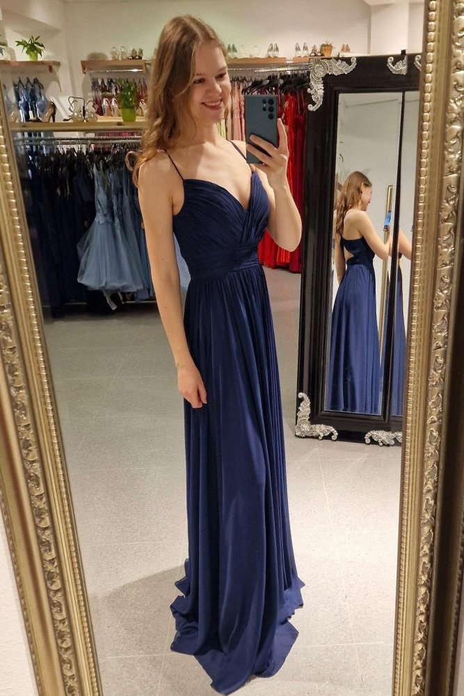 Schlichtes Abendkleid mit Raffungen und V - Ausschnitt, dunkelblau - Dein Kleiderladen