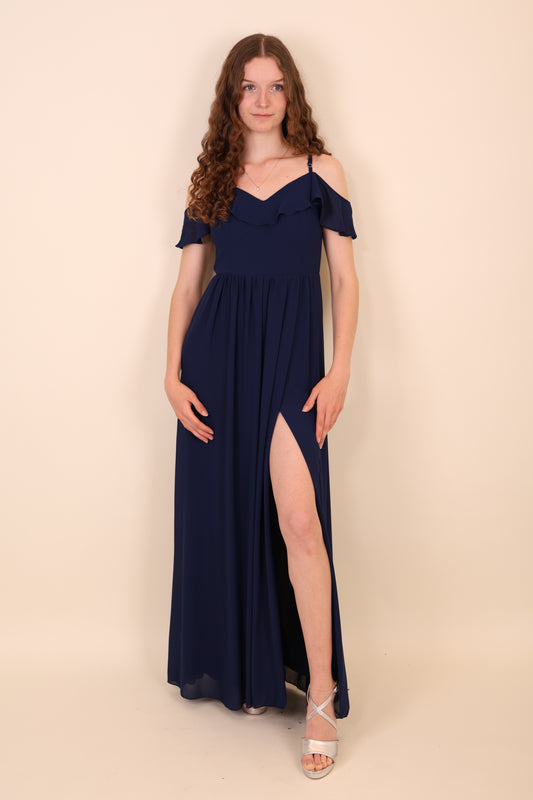 Off-Shoulder Abendkleid mit Beinschlitz, dunkelblau