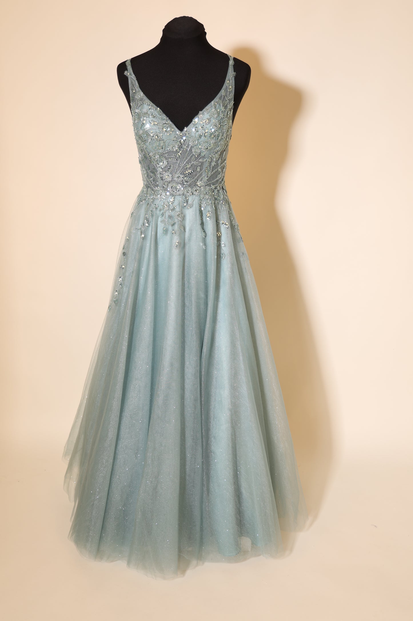 Second Hand Abendkleid mit glitzerndem Tüllrock, Spitze und Rückenschnürung, ozeanwelle