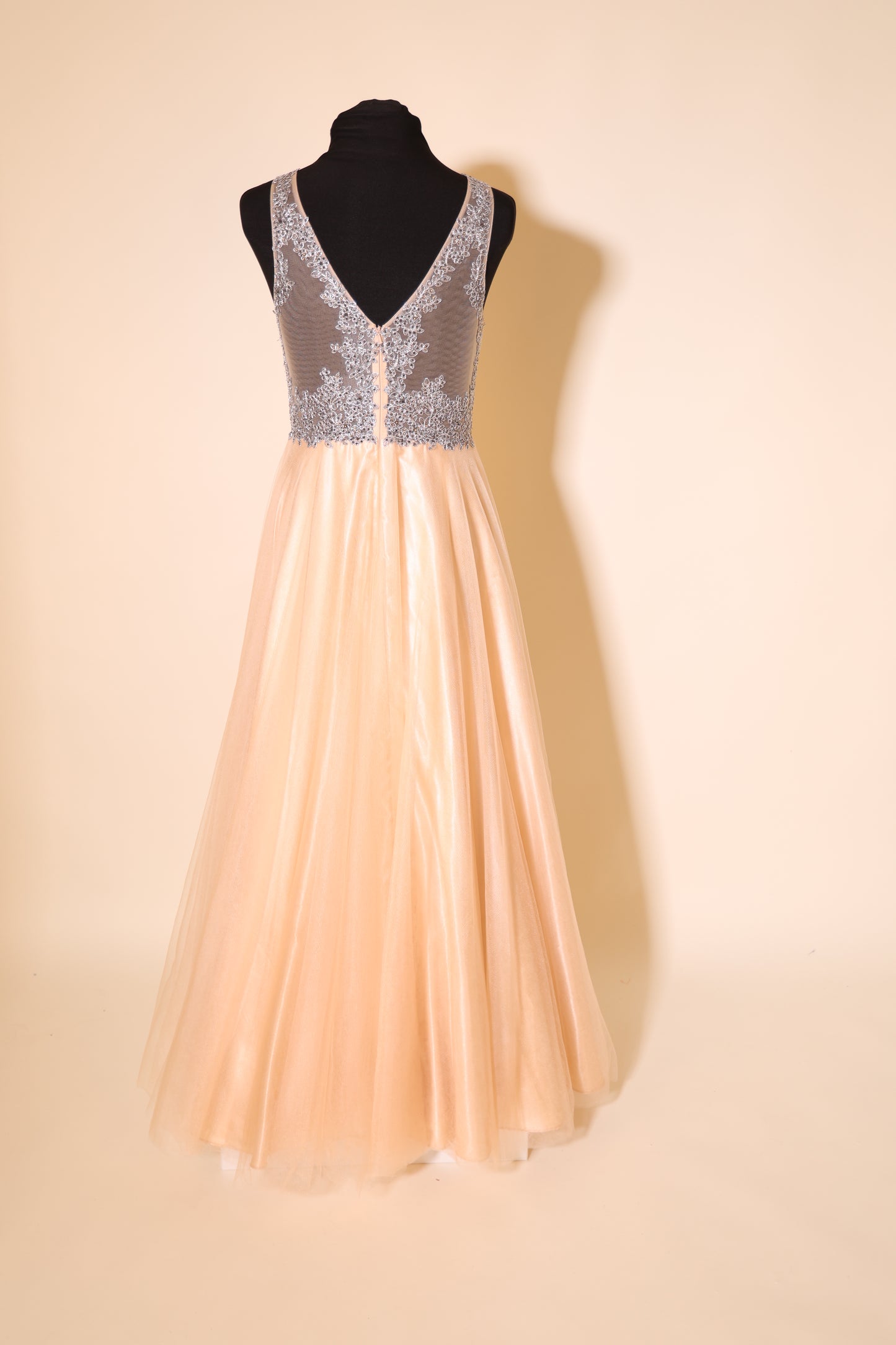 Second Hand Tüllkleid mit silberner Bestickung und V-Ausschnitt, champagner