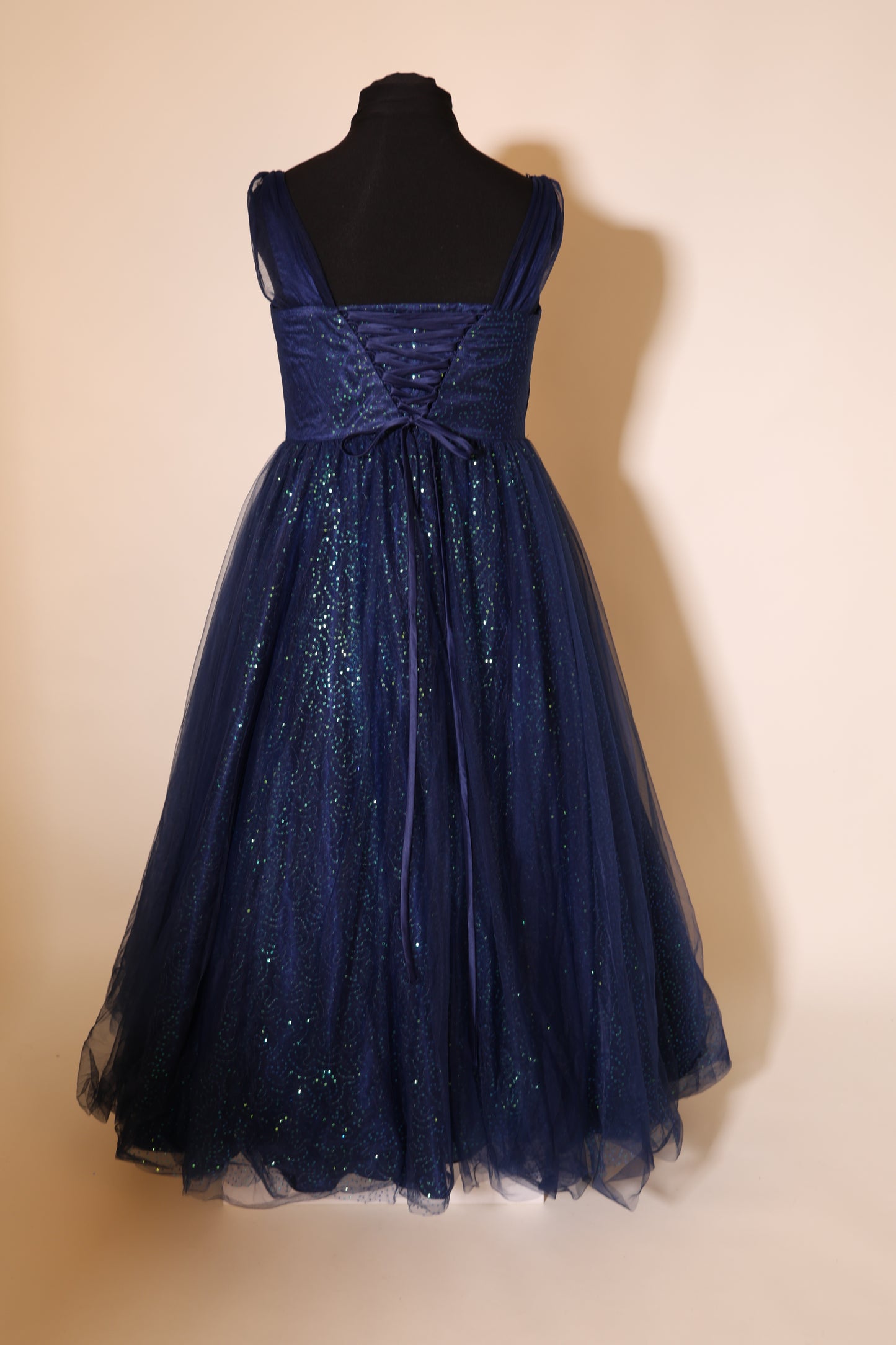 Second Hand glitzerndes Tüllkleid mit Rückenschnürung, dunkelblau
